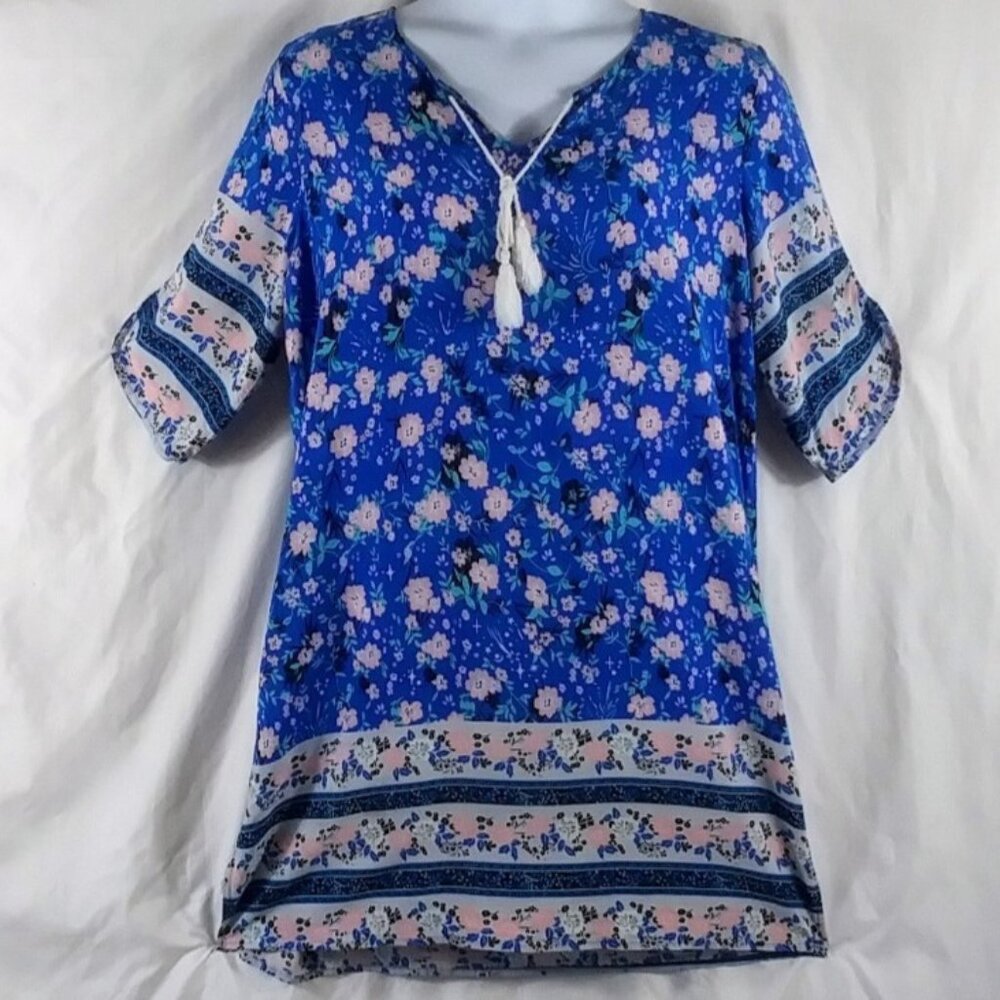 Halife Women's Blue Floral Boho Hippie Tassels Sheer Summer Dress Size XL